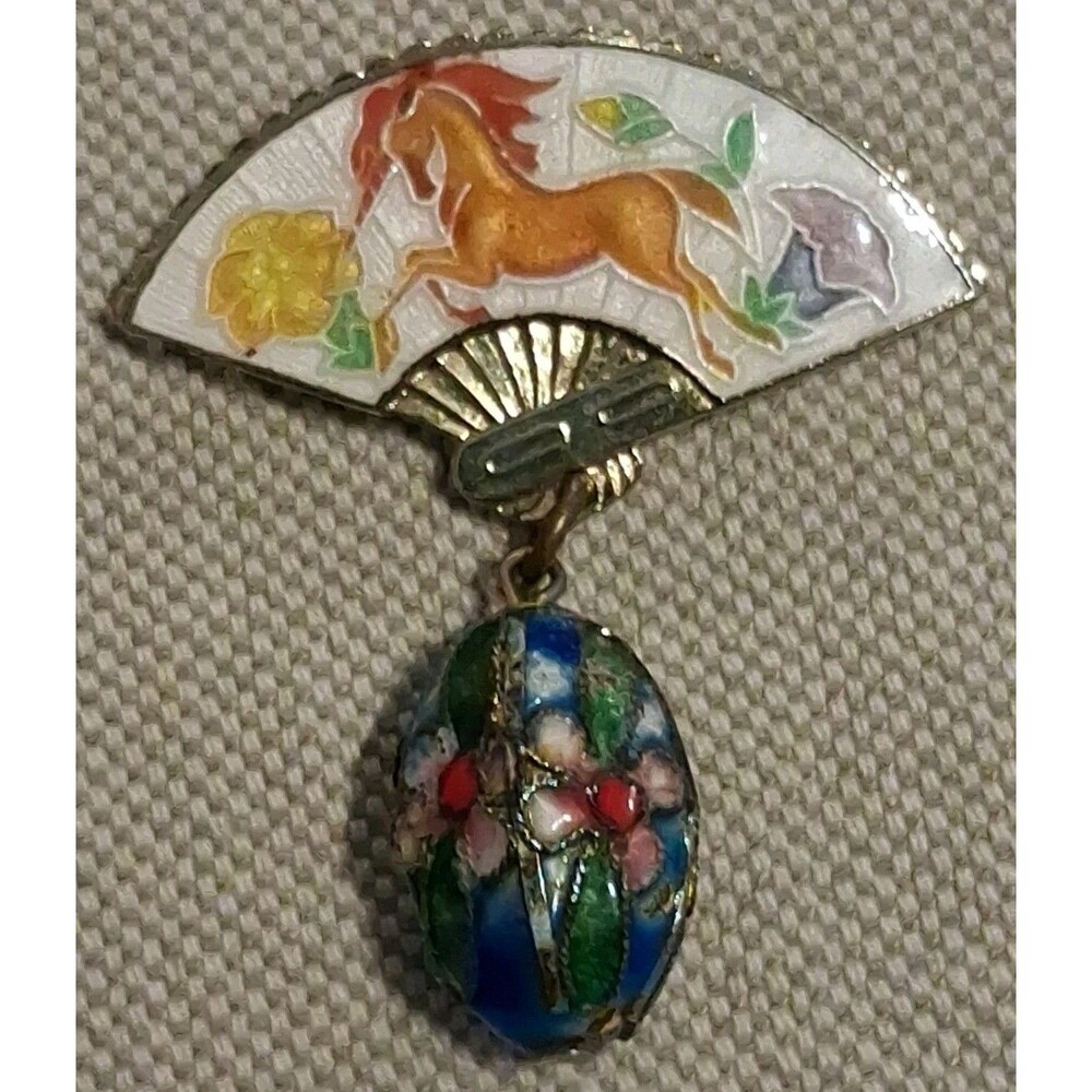 Chinese Export Enamel Fan Horse Cloisonne Bead Egg Drop Pendant Brooch READ